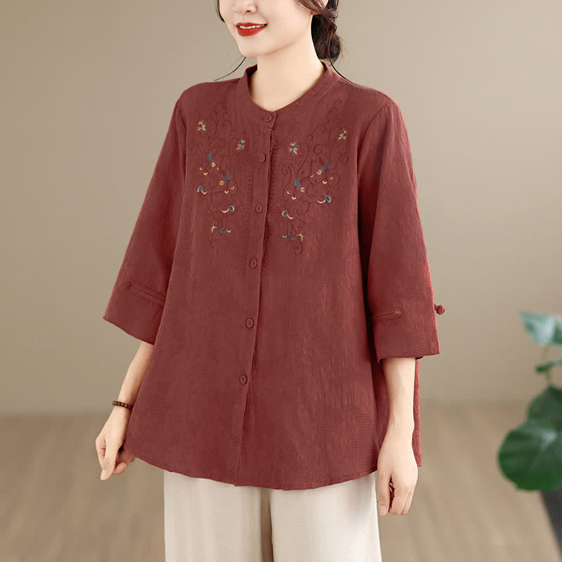 Buddha Stones Vintage Tang-stijl Overhemden met Lange mouw, Mandarin kraag en bloemenprint, lente/zomerstijl. - Sienna - US12, UK/AU16, EU44 (3XL) - image 0