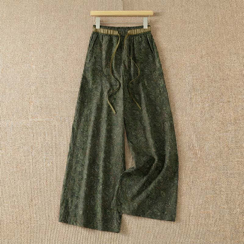Buddha Stones Lente/Zomer Boho Lang Broek met Trekkoord en Abstracte Details, Groen, Damesbroek met Wijde Pijpen en Zakken - Donker olijfgroen - US8-10, UK/AU12-14, EU40-42 (2XL) - image 0
