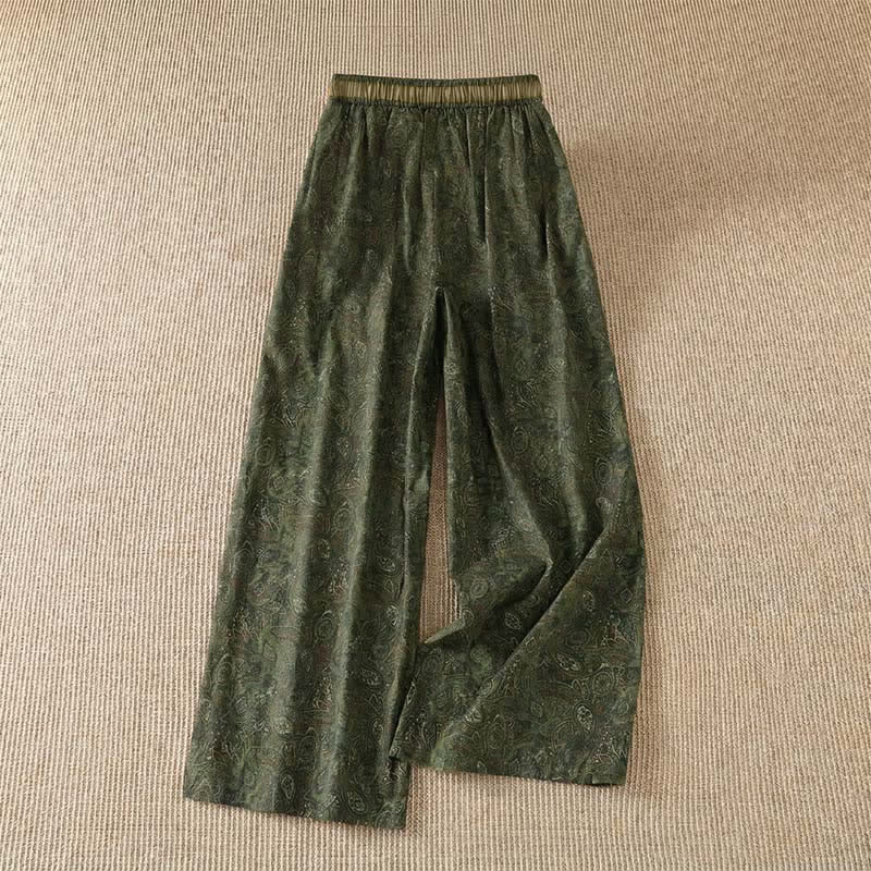 Buddha Stones Lente/Zomer Boho Lang Broek met Trekkoord en Abstracte Details, Groen, Damesbroek met Wijde Pijpen en Zakken - image 1
