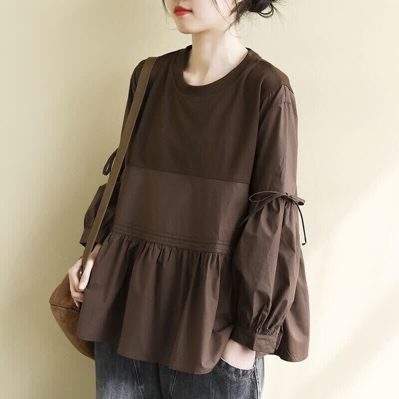Buddha Stones Casual vintage T-shirt met Lange mouw , peplumzoom en trekkoord voor dames, geschikt voor de lente en herfst. - Zadelbruin - US12, UK/AU16, EU44 (2XL) - image 0