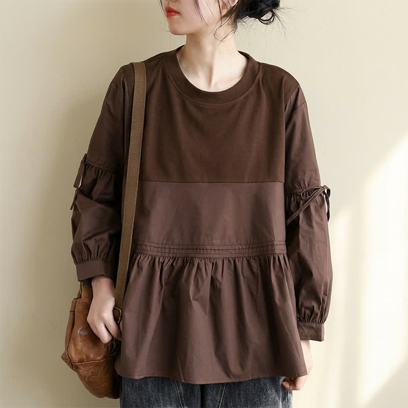 Buddha Stones Casual vintage T-shirt met Lange mouw , peplumzoom en trekkoord voor dames, geschikt voor de lente en herfst. - image 1