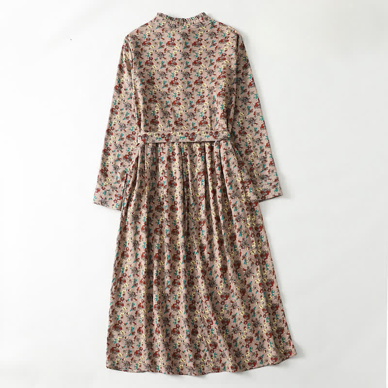 Buddha Stones Lente/Zomer Vintage Elegante Jurk met Lange mouw, Bloemenprint en Knoopsluiting voor Dames, Met Zakken - image 1