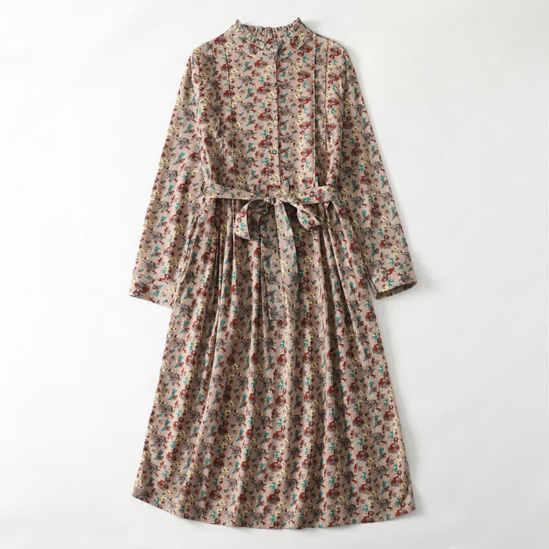 Buddha Stones Lente/Zomer Vintage Elegante Jurk met Lange mouw, Bloemenprint en Knoopsluiting voor Dames, Met Zakken - BurlyWood - US8-10, UK/AU12-14, EU40-42 (2XL) - image 0