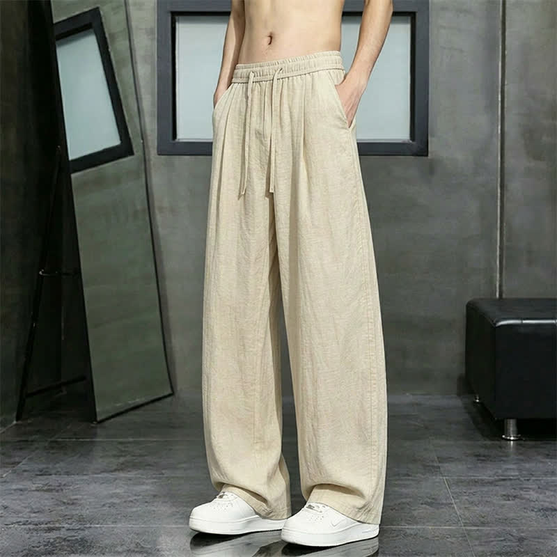 Buddha Stones Casual herenbroek met trekkoord en Lang pijpen, effen kleur, voor lente/zomer, inclusief zakken. - image 1