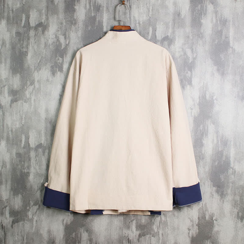 Buddha Stones Lente/herfst casual Tang-stijl kimono met trekkoord en contrasterende bies, effen kleur. - image 1