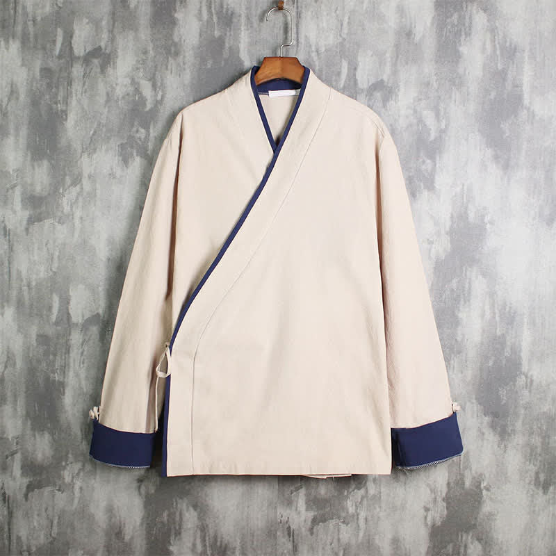 Buddha Stones Lente/herfst casual Tang-stijl kimono met trekkoord en contrasterende bies, effen kleur. - Bisque - US/UK/AU46, EU56 (5XL) - image 0