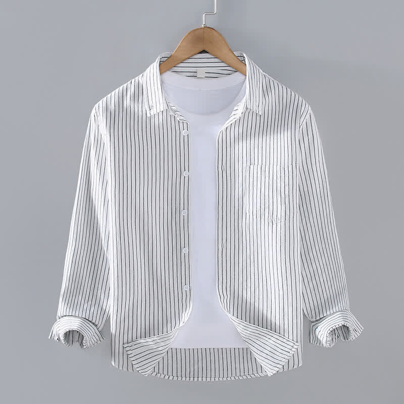 Buddha Stones Casual minimalistische Overhemden met Lange mouw , verticale strepen en opgestikte zak, geschikt voor lente en herfst. - Wit - US/UK/AU42, EU52 (3XL) - image 0
