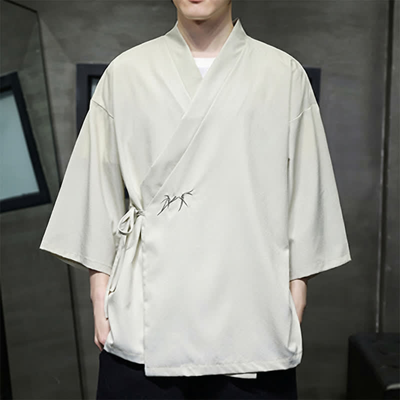 Buddha Stones Zomerse Tang-stijl minimalistische bamboe kimono met trekkoord en Driekwart mouw voor heren - image 1