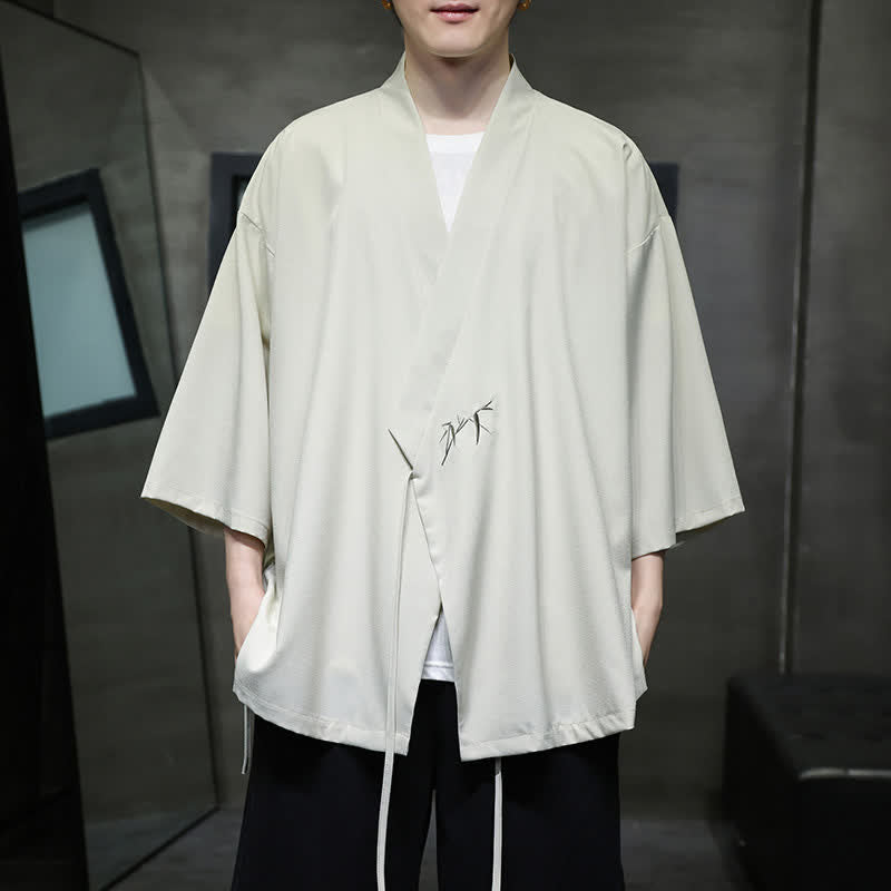 Buddha Stones Zomerse Tang-stijl minimalistische bamboe kimono met trekkoord en Driekwart mouw voor heren - Beige - US/UK/AU46, EU56 (5XL) - image 0