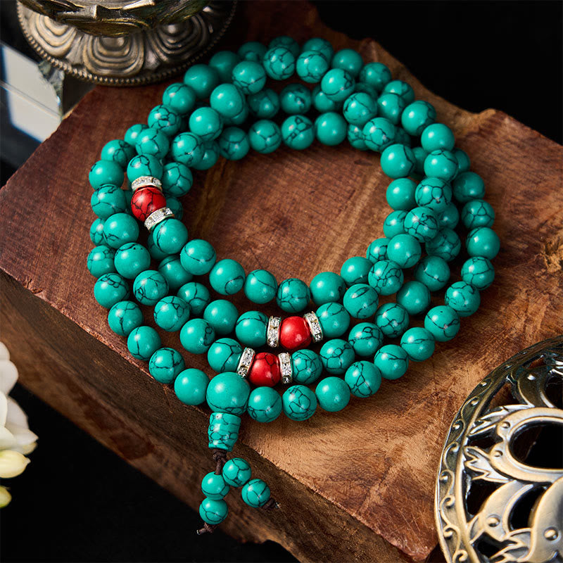 Buddha Stones Turquoise geïnspireerde mala met 108 kralen en meerdere wikkelingen ter bescherming . - image 1