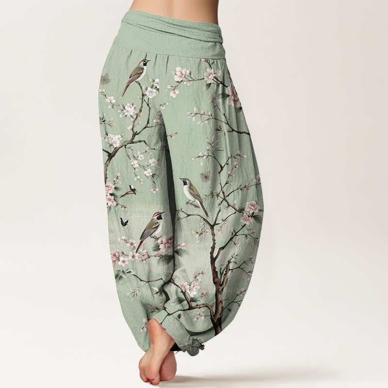 Buddha Stones Dames harembroek met elastische Taille en kersenbloesem- en vogelprint. - image 2