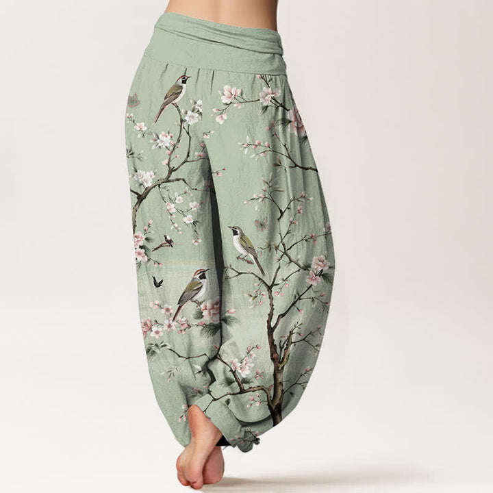 Buddha Stones Dames harembroek met elastische Taille en kersenbloesem- en vogelprint. - image 2