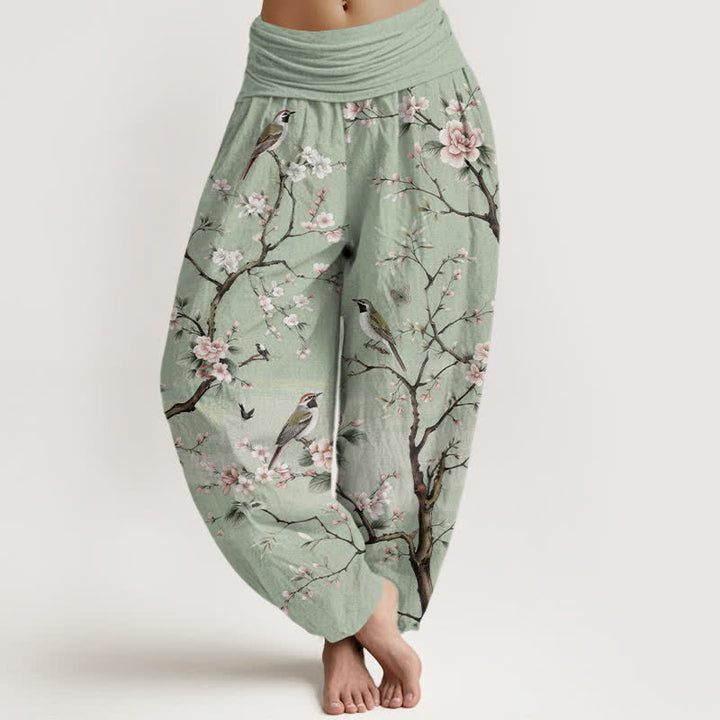 Buddha Stones Dames harembroek met elastische Taille en kersenbloesem- en vogelprint. - Lichtgroen - US16, UK/AU20, EU48 (3XL) - image 0