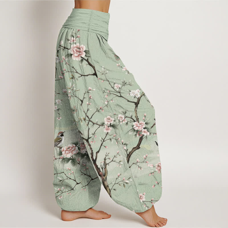 Buddha Stones Dames harembroek met elastische Taille en kersenbloesem- en vogelprint. - image 1