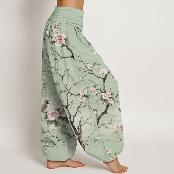 Buddha Stones Dames harembroek met elastische Taille en kersenbloesem- en vogelprint. - image 1