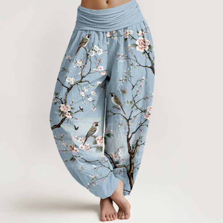 Buddha Stones Dames harembroek met elastische Taille en kersenbloesem- en vogelprint. - Poederblauw - US16, UK/AU20, EU48 (3XL) - image 5