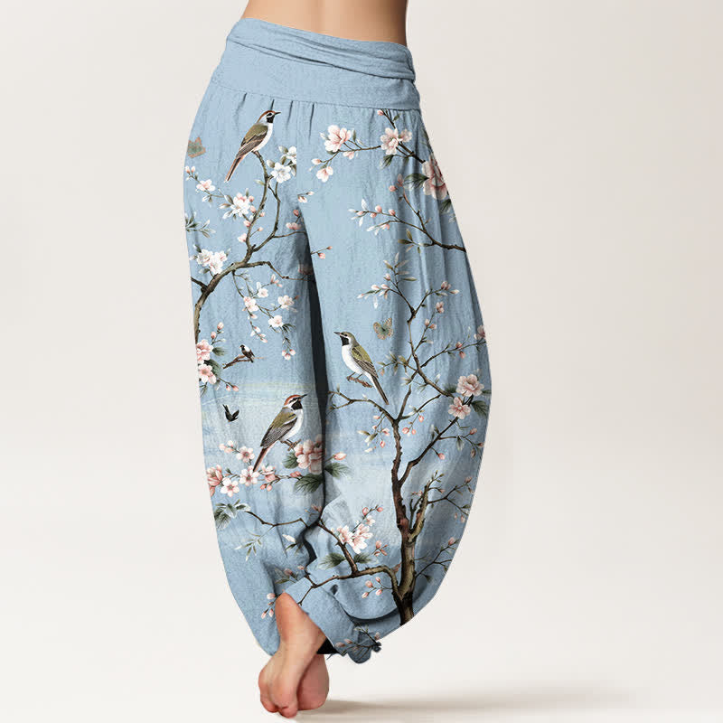 Buddha Stones Dames harembroek met elastische Taille en kersenbloesem- en vogelprint. - image 7