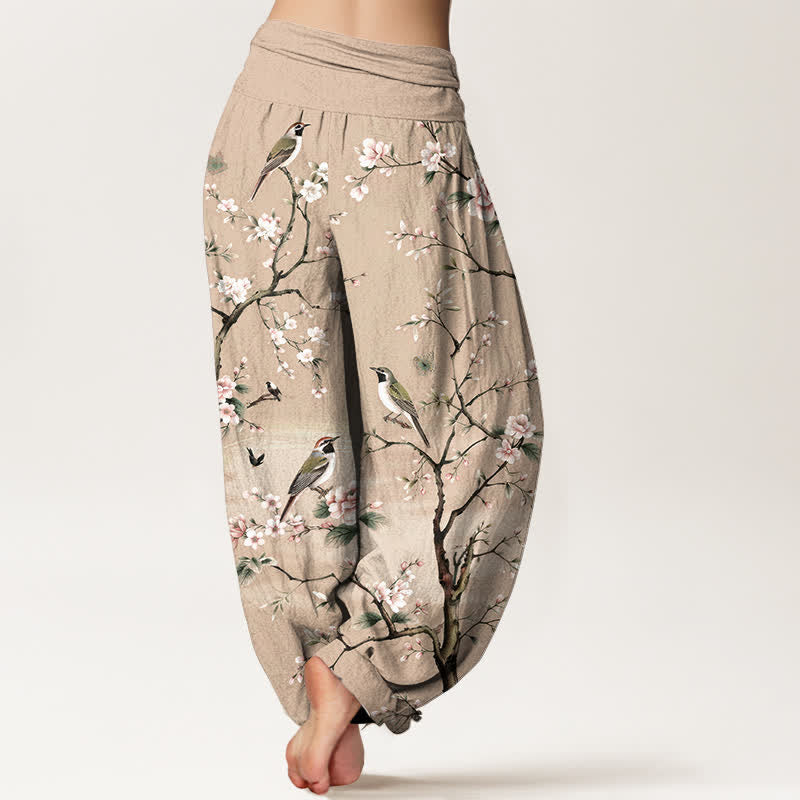 Buddha Stones Dames harembroek met elastische Taille en kersenbloesem- en vogelprint. - image 10