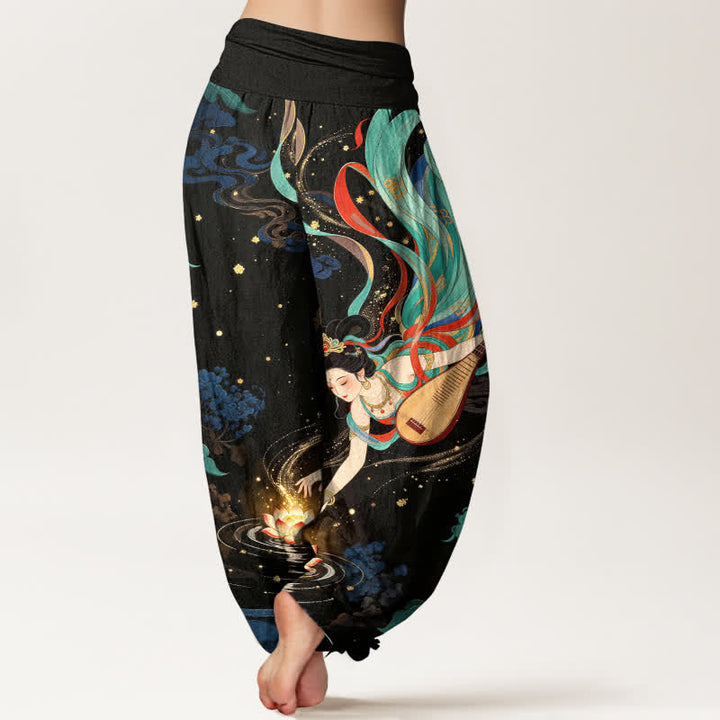 Buddha Stones Dames harembroek met elastische Taille en een patroon van een hemelse muzikant en een lotusbloem - image 2