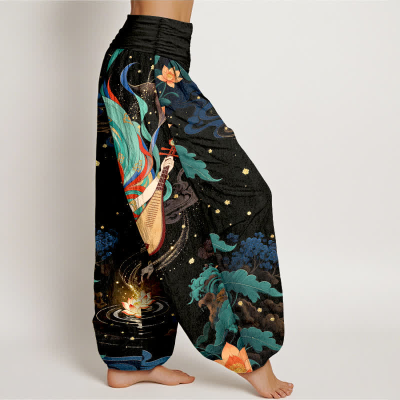 Buddha Stones Dames harembroek met elastische Taille en een patroon van een hemelse muzikant en een lotusbloem - image 1