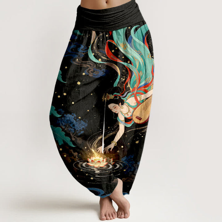 Buddha Stones Dames harembroek met elastische Taille en een patroon van een hemelse muzikant en een lotusbloem - Zwart - US16, UK/AU20, EU48 (3XL) - image 0