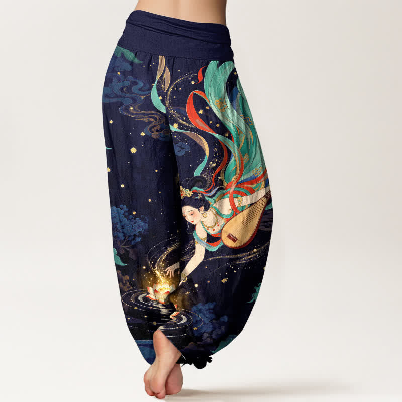 Buddha Stones Dames harembroek met elastische Taille en een patroon van een hemelse muzikant en een lotusbloem - image 7