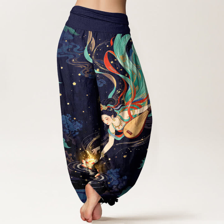 Buddha Stones Dames harembroek met elastische Taille en een patroon van een hemelse muzikant en een lotusbloem - image 7