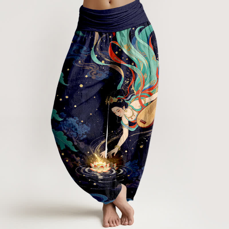 Buddha Stones Dames harembroek met elastische Taille en een patroon van een hemelse muzikant en een lotusbloem - Marine - US16, UK/AU20, EU48 (3XL) - image 5