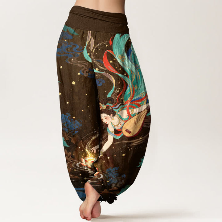 Buddha Stones Dames harembroek met elastische Taille en een patroon van een hemelse muzikant en een lotusbloem - image 10