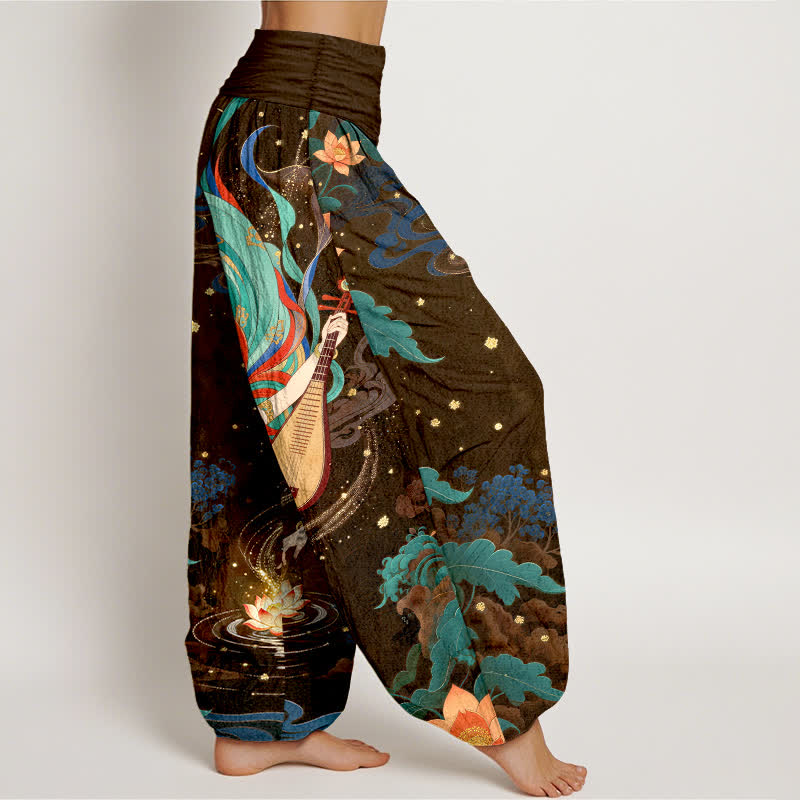 Buddha Stones Dames harembroek met elastische Taille en een patroon van een hemelse muzikant en een lotusbloem - image 9