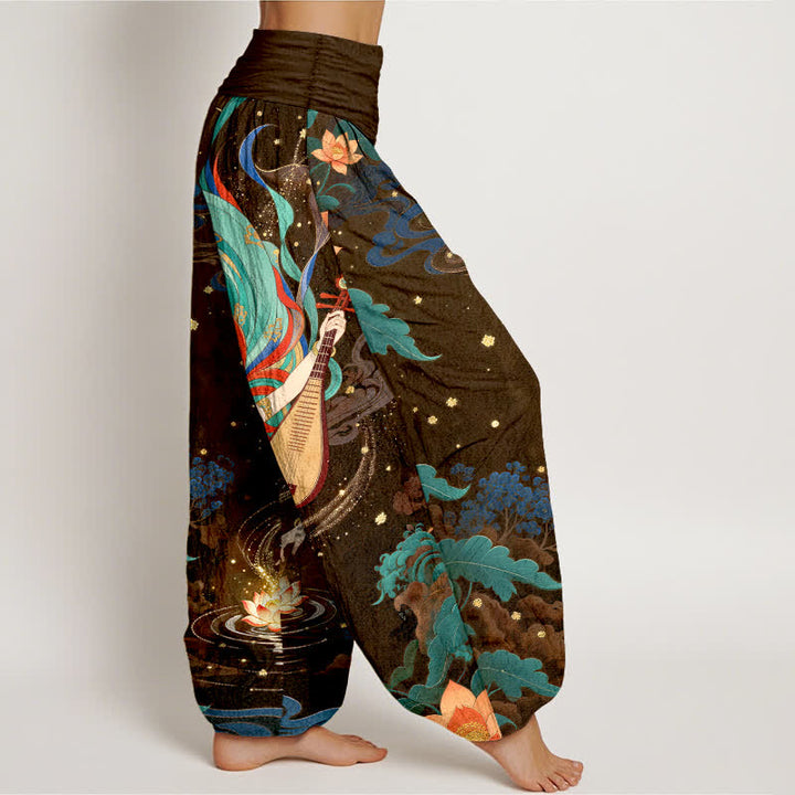 Buddha Stones Dames harembroek met elastische Taille en een patroon van een hemelse muzikant en een lotusbloem - image 9