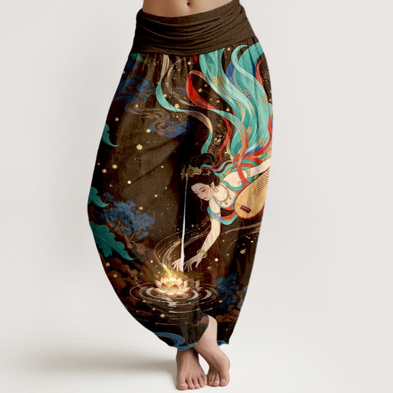 Buddha Stones Dames harembroek met elastische Taille en een patroon van een hemelse muzikant en een lotusbloem - Zadelbruin - US16, UK/AU20, EU48 (3XL) - image 8