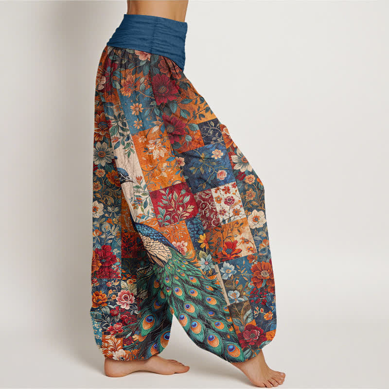 Buddha Stones Dames harembroek met elastische Taille en katoenen pauwen- en bloemenpatchworkpatroon - image 1