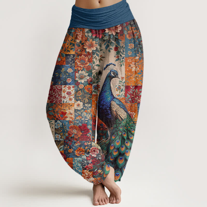 Buddha Stones Dames harembroek met elastische Taille en katoenen pauwen- en bloemenpatchworkpatroon - Teal - US16, UK/AU20, EU48 (3XL) - image 0