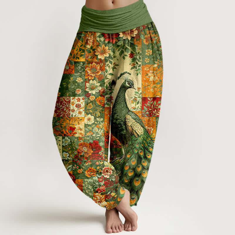 Buddha Stones Dames harembroek met elastische Taille en katoenen pauwen- en bloemenpatchworkpatroon - Olijfgroen - US16, UK/AU20, EU48 (3XL) - image 8