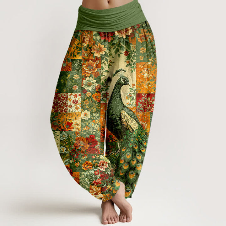Buddha Stones Dames harembroek met elastische Taille en katoenen pauwen- en bloemenpatchworkpatroon - Olijfgroen - US16, UK/AU20, EU48 (3XL) - image 8