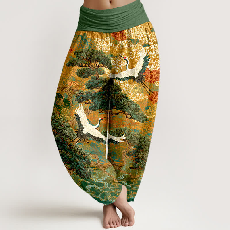 Buddha Stones Dames harembroek met elastische Taille en kraanvogel- en dennengolfpatroon - Limegroen - US16, UK/AU20, EU48 (3XL) - image 0