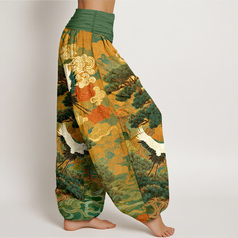 Buddha Stones Dames harembroek met elastische Taille en kraanvogel- en dennengolfpatroon - image 1