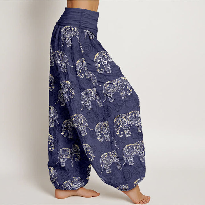Buddha Stones Dames harembroek met elastische Taille en wit olifantenpatroon van katoen - image 1