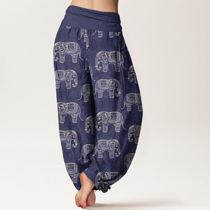Buddha Stones Dames harembroek met elastische Taille en wit olifantenpatroon van katoen - image 2