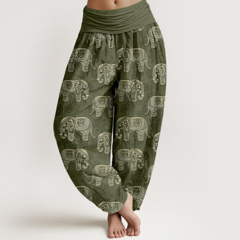 Buddha Stones Dames harembroek met elastische Taille en wit olifantenpatroon van katoen - Olijfgroen - US16, UK/AU20, EU48 (3XL) - image 5