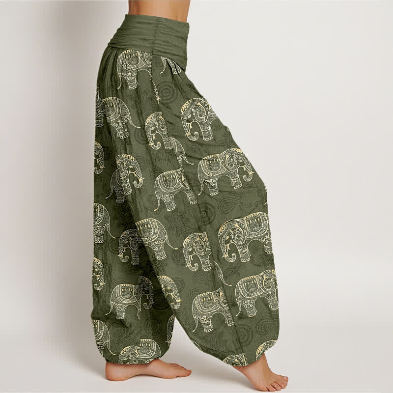 Buddha Stones Dames harembroek met elastische Taille en wit olifantenpatroon van katoen - image 6