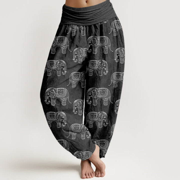 Buddha Stones Dames harembroek met elastische Taille en wit olifantenpatroon van katoen - Donkergrijs - US16, UK/AU20, EU48 (3XL) - image 8
