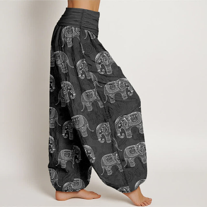 Buddha Stones Dames harembroek met elastische Taille en wit olifantenpatroon van katoen - image 9