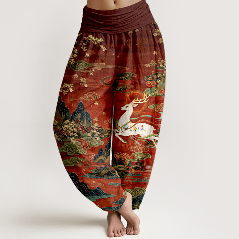 Buddha Stones Witte katoenen harembroek met herten- en bergpatroon voor dames, elastische Taille - Kastanjebruin - US16, UK/AU20, EU48 (3XL) - image 0