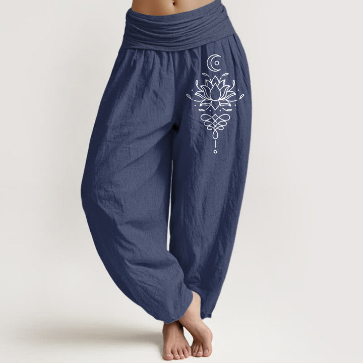 Buddha Stones Witte harembroek voor dames met elastische Taille , 100% Cotton en lotusprint. - Donker leisteenblauw - US16, UK/AU20, EU48 (3XL) - image 0