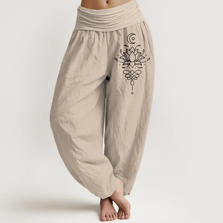 Buddha Stones Witte harembroek voor dames met elastische Taille , 100% Cotton en lotusprint. - Bruinen - US16, UK/AU20, EU48 (3XL) - image 11