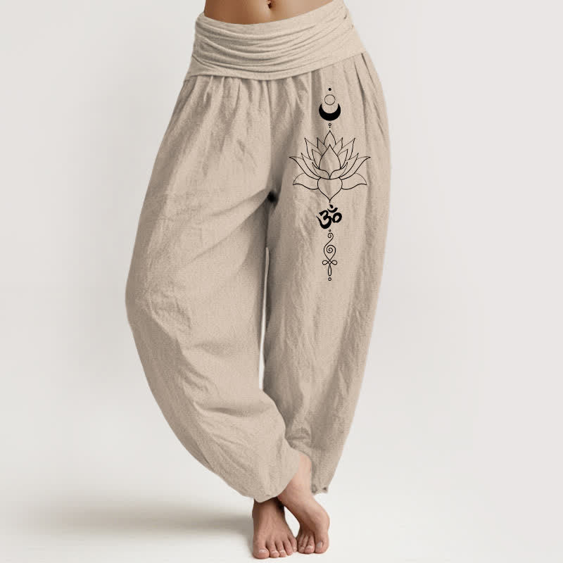 Buddha Stones Harembroek voor dames met elastische Taille en lotus-, maan- en Om-patroon van 100% Cotton - Bruinen - US16, UK/AU20, EU48 (3XL) - image 0