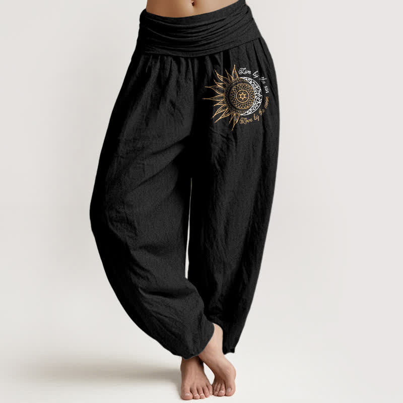 Buddha Stones Harembroek voor dames met elastische Taille en zon-, maan- en mandala-patroon van 100% Cotton - Zwart - US16, UK/AU20, EU48 (3XL) - image 0