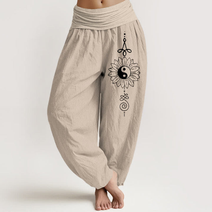 Buddha Stones Harembroek voor dames met elastische Taille en zonnebloem- en yin-yangpatroon van 100% Cotton - Bruinen - US16, UK/AU20, EU48 (3XL) - image 0